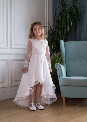 Beaded Ivory Polka Dots Tulle Lace High Low Flower Girl Dress